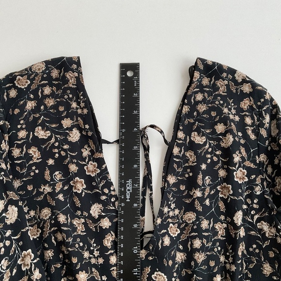 Mango Babydoll Floral Mini Dress XS Black/Brown Long Sleeve VNeck Boho Romantic - Picture 7 of 13